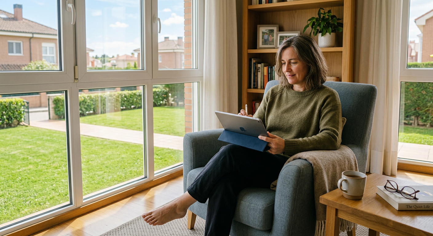 Confident expat client reviewing her tax information from home